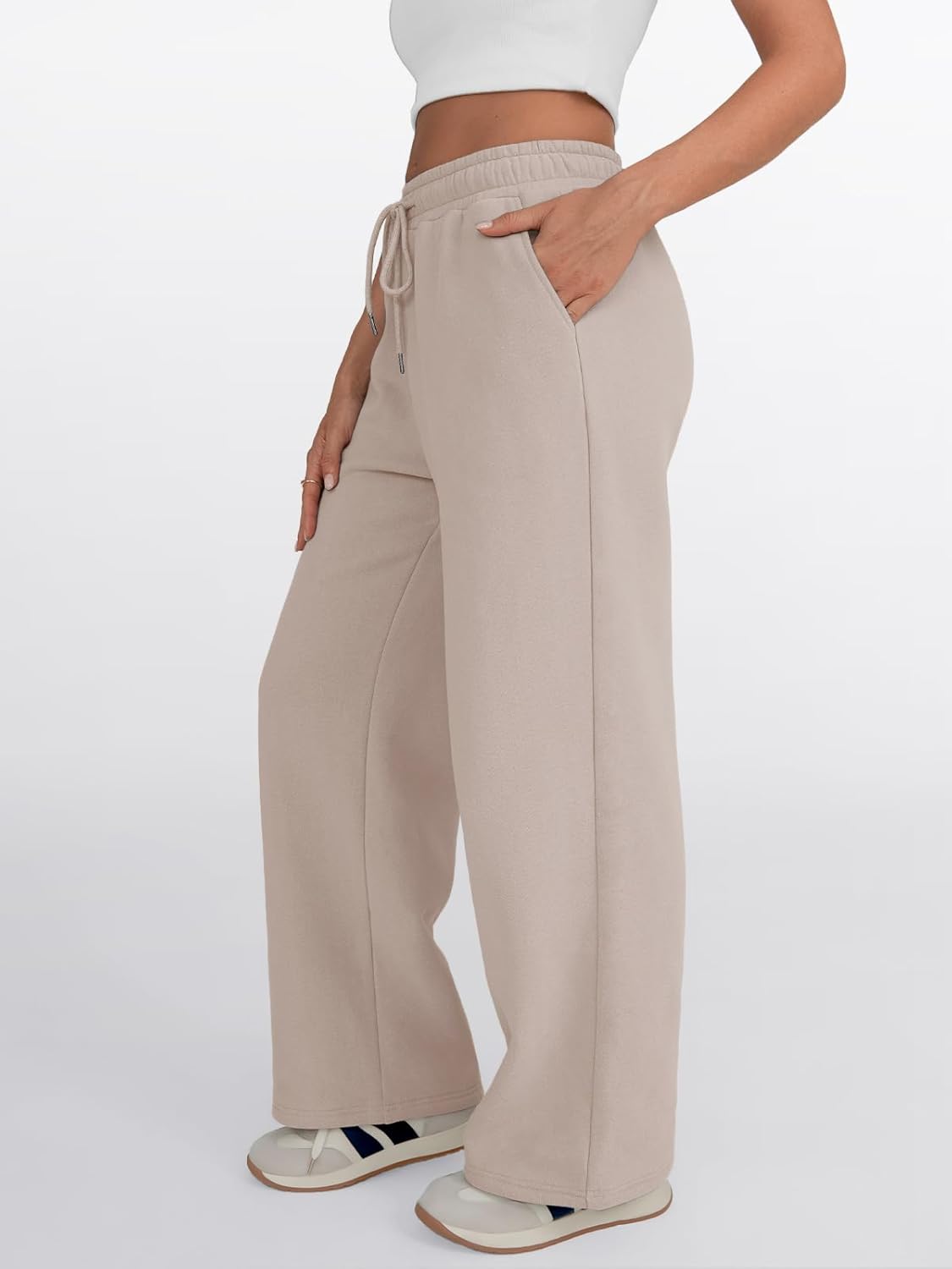 Trendy Queen - Pantalones deportivos de pierna ancha para mujer, pantalones holgados de cintura alta, con cordón, atléticos, acampanados, con bolsillos