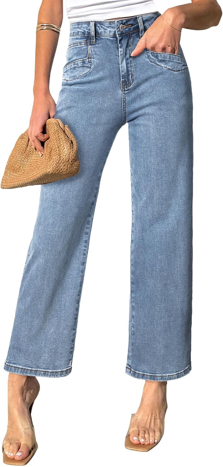 SIDEFEEL Women's Wide Leg Jeans High Waisted Stretchy Jeans Straight Leg Ankle Denim Pants with Slant Pockets