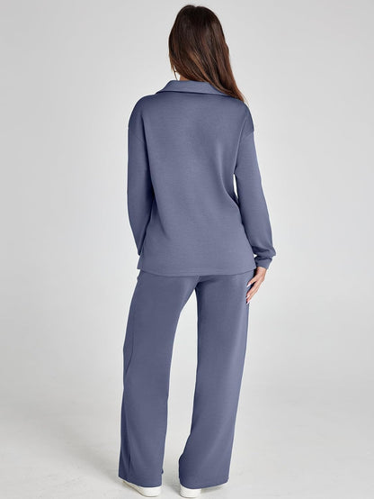 Glamaker - Conjunto de 2 piezas para mujer, estilo casual, manga larga, sudadera tipo polo y pantalones anchos a juego