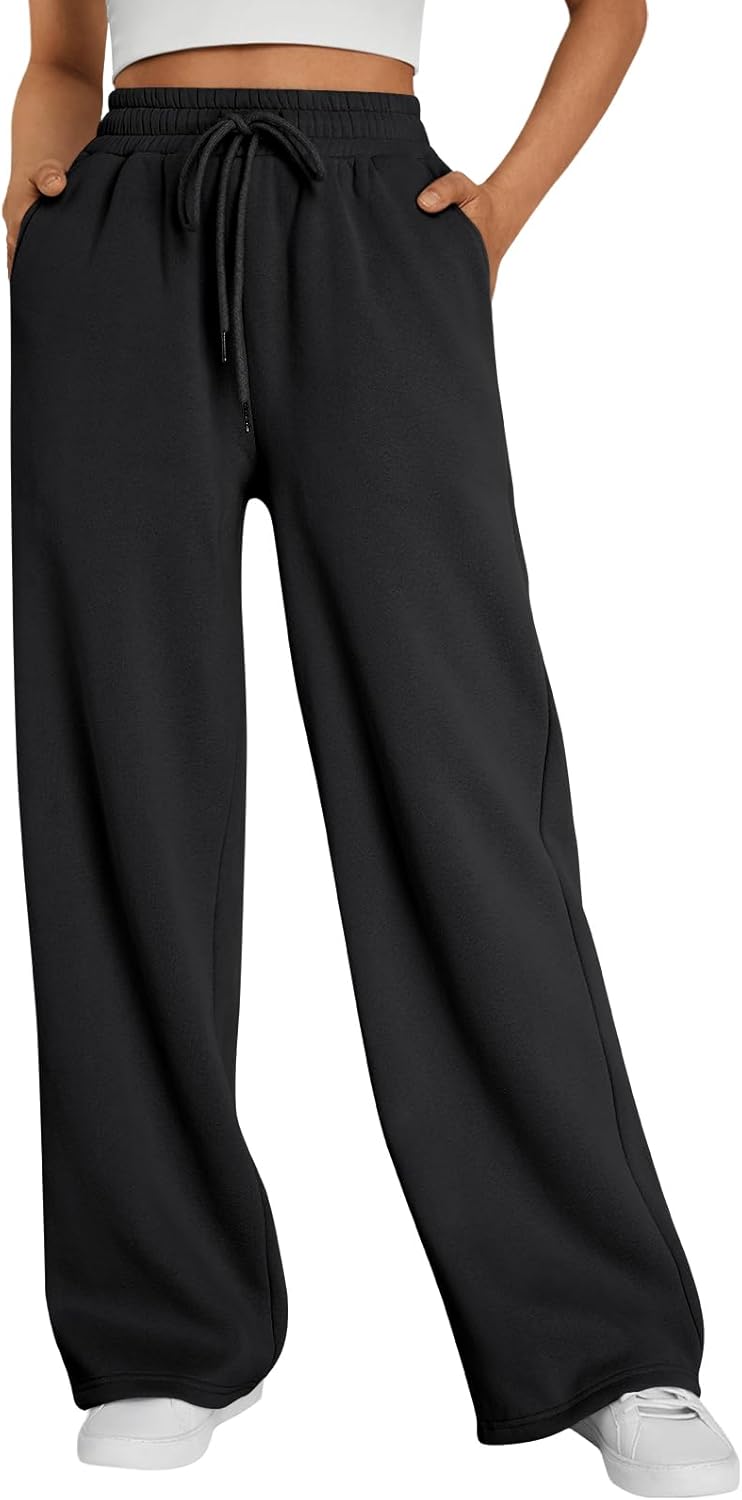 Trendy Queen - Pantalones deportivos de pierna ancha para mujer, pantalones holgados de cintura alta, con cordón, atléticos, acampanados, con bolsillos