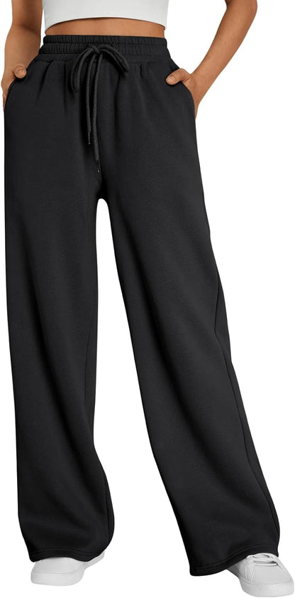Trendy Queen - Pantalones deportivos de pierna ancha para mujer, pantalones holgados de cintura alta, con cordón, atléticos, acampanados, con bolsillos