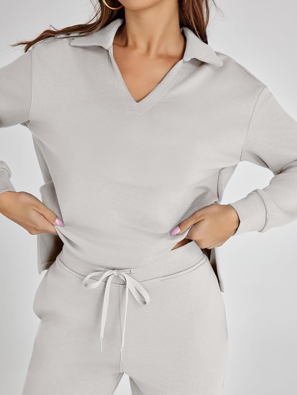 Glamaker - Conjunto de 2 piezas para mujer, estilo casual, manga larga, sudadera tipo polo y pantalones anchos a juego