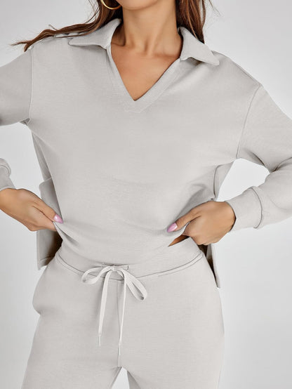 Glamaker - Conjunto de 2 piezas para mujer, estilo casual, manga larga, sudadera tipo polo y pantalones anchos a juego