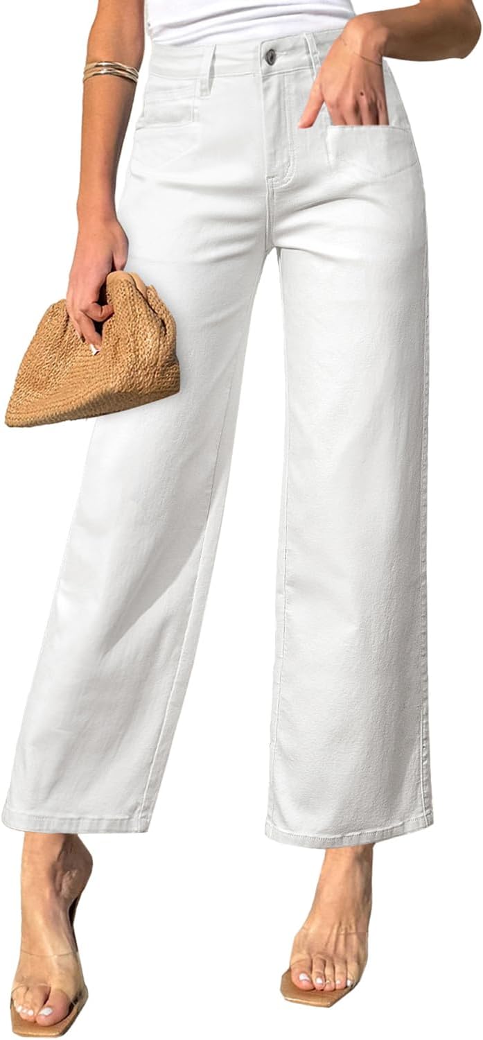 SIDEFEEL Women's Wide Leg Jeans High Waisted Stretchy Jeans Straight Leg Ankle Denim Pants with Slant Pockets