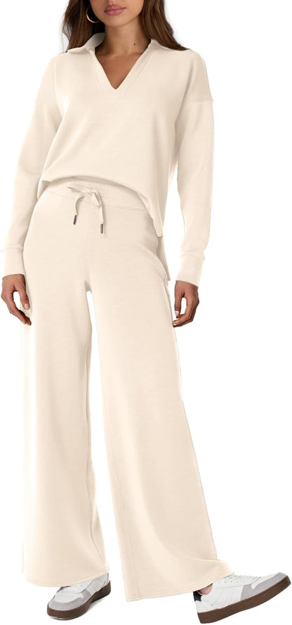Glamaker - Conjunto de 2 piezas para mujer, estilo casual, manga larga, sudadera tipo polo y pantalones anchos a juego