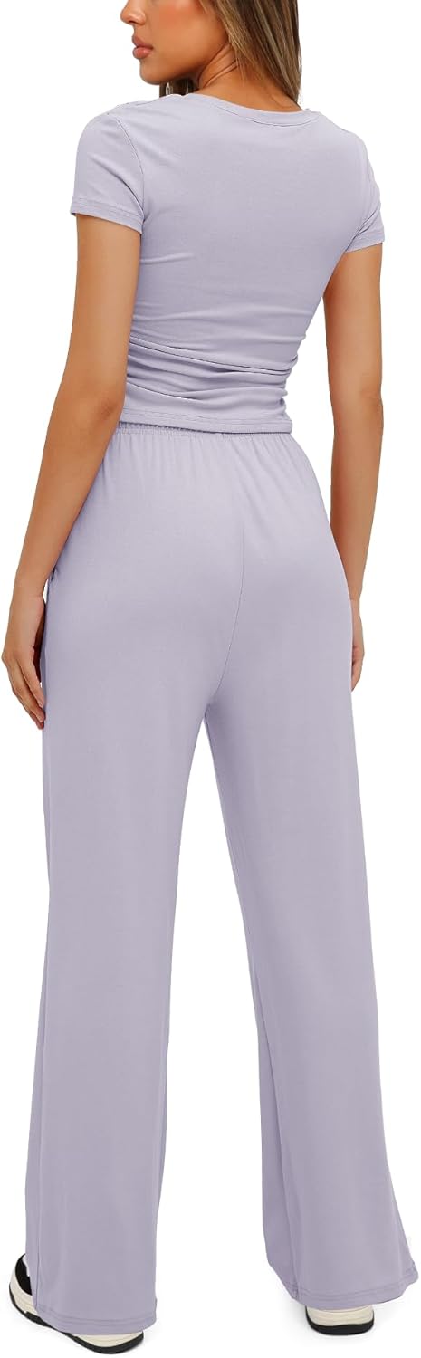 Darong - Conjunto de 2 piezas para mujer, conjuntos de pijama de manga corta fruncida y pantalones de pierna ancha de cintura alta