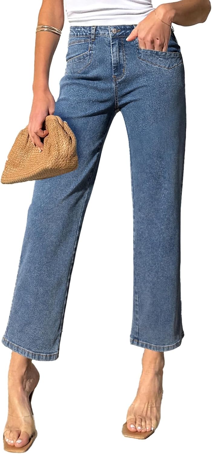 SIDEFEEL Women's Wide Leg Jeans High Waisted Stretchy Jeans Straight Leg Ankle Denim Pants with Slant Pockets