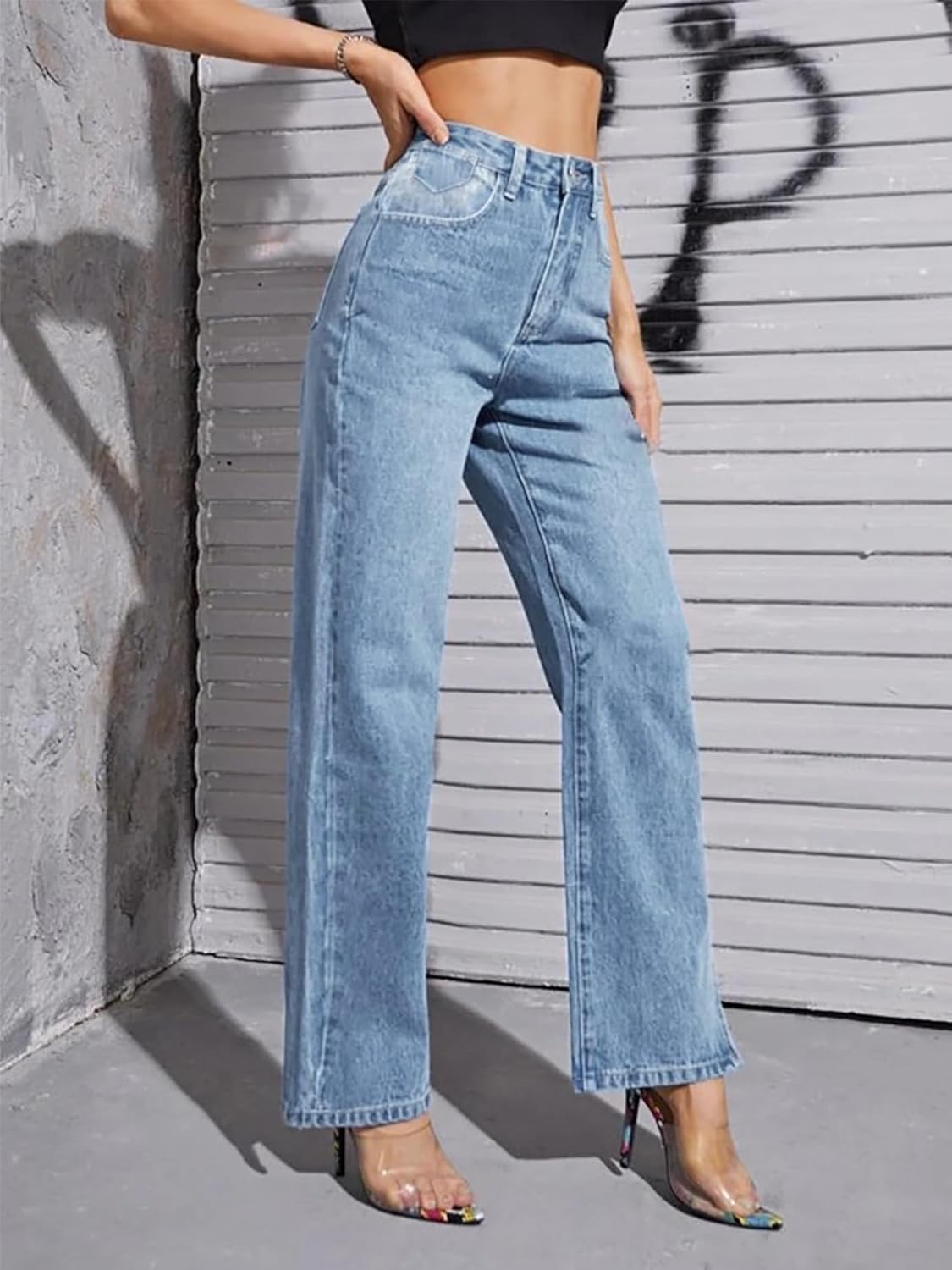 HDLTE Pantalones de Mezclilla Rasgados para Mujer, Pantalones de Mezclilla Holgados de Cintura Alta, Pantalones Rectos de Pierna Ancha, Pantalones de Calle Y2k