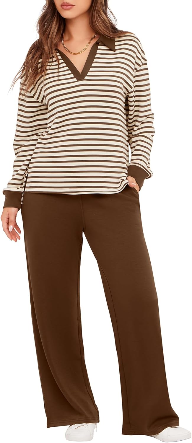 Glamaker - Conjunto de 2 piezas para mujer, estilo casual, manga larga, sudadera tipo polo y pantalones anchos a juego