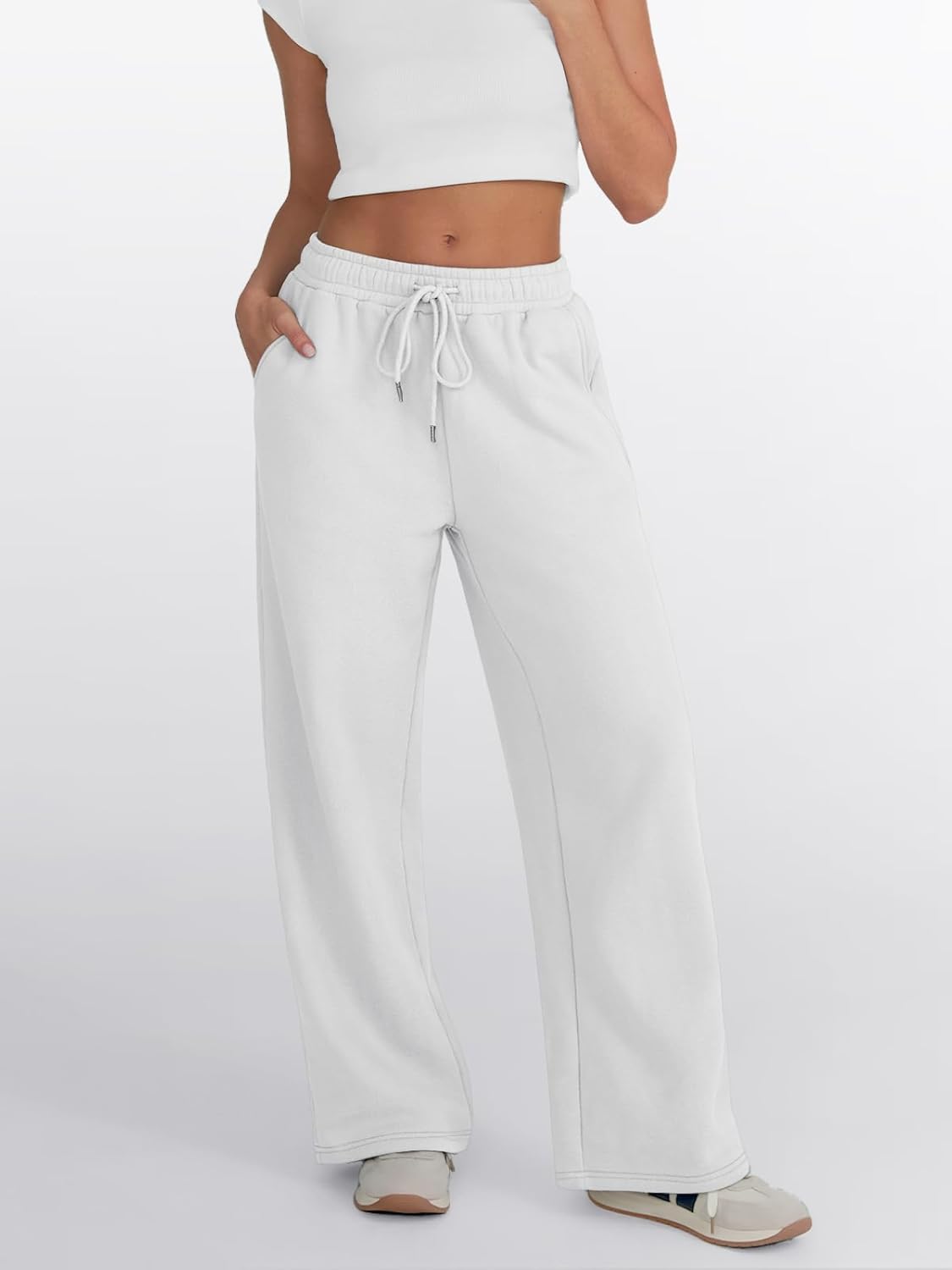 Trendy Queen - Pantalones deportivos de pierna ancha para mujer, pantalones holgados de cintura alta, con cordón, atléticos, acampanados, con bolsillos