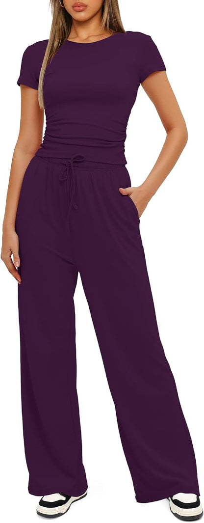 Darong - Conjunto de 2 piezas para mujer, conjuntos de pijama de manga corta fruncida y pantalones de pierna ancha de cintura alta