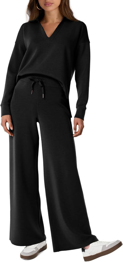 Glamaker - Conjunto de 2 piezas para mujer, estilo casual, manga larga, sudadera tipo polo y pantalones anchos a juego