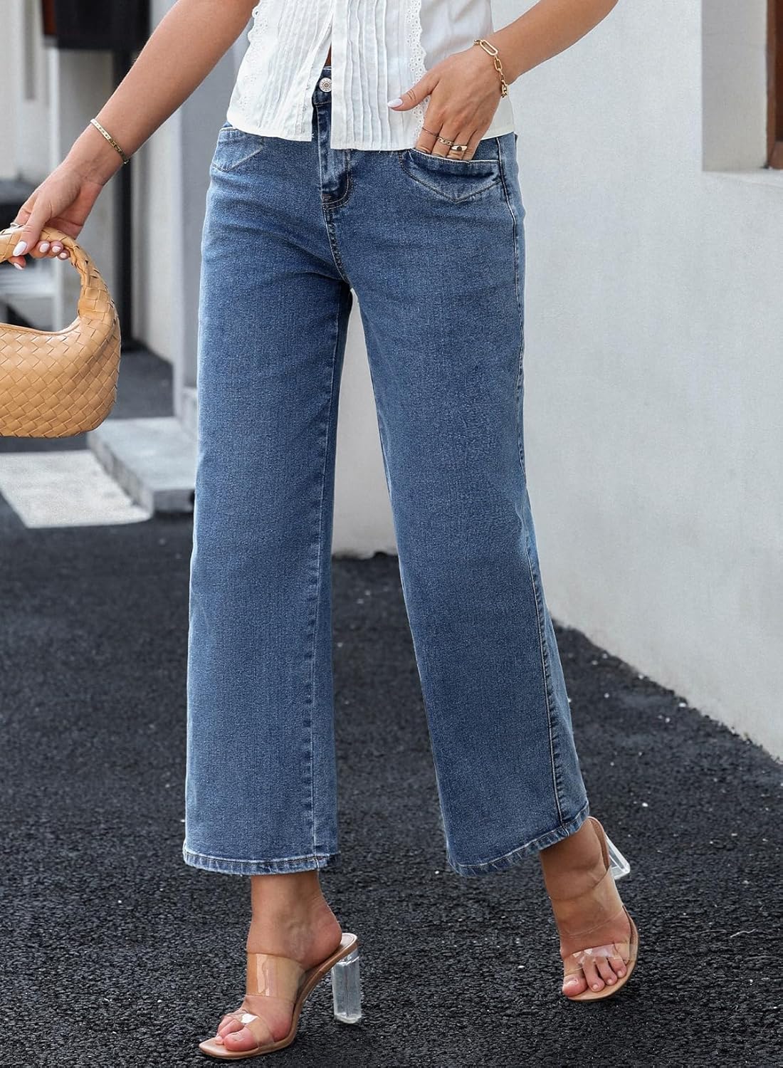 SIDEFEEL Women's Wide Leg Jeans High Waisted Stretchy Jeans Straight Leg Ankle Denim Pants with Slant Pockets