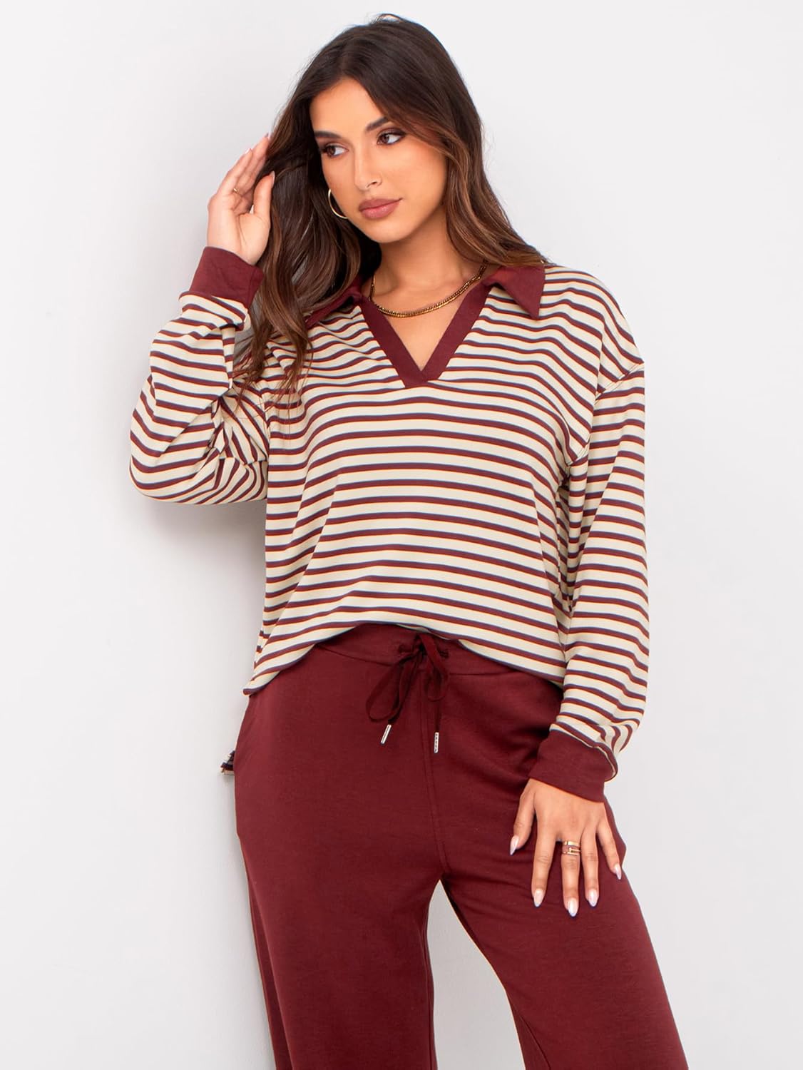 Glamaker - Conjunto de 2 piezas para mujer, estilo casual, manga larga, sudadera tipo polo y pantalones anchos a juego
