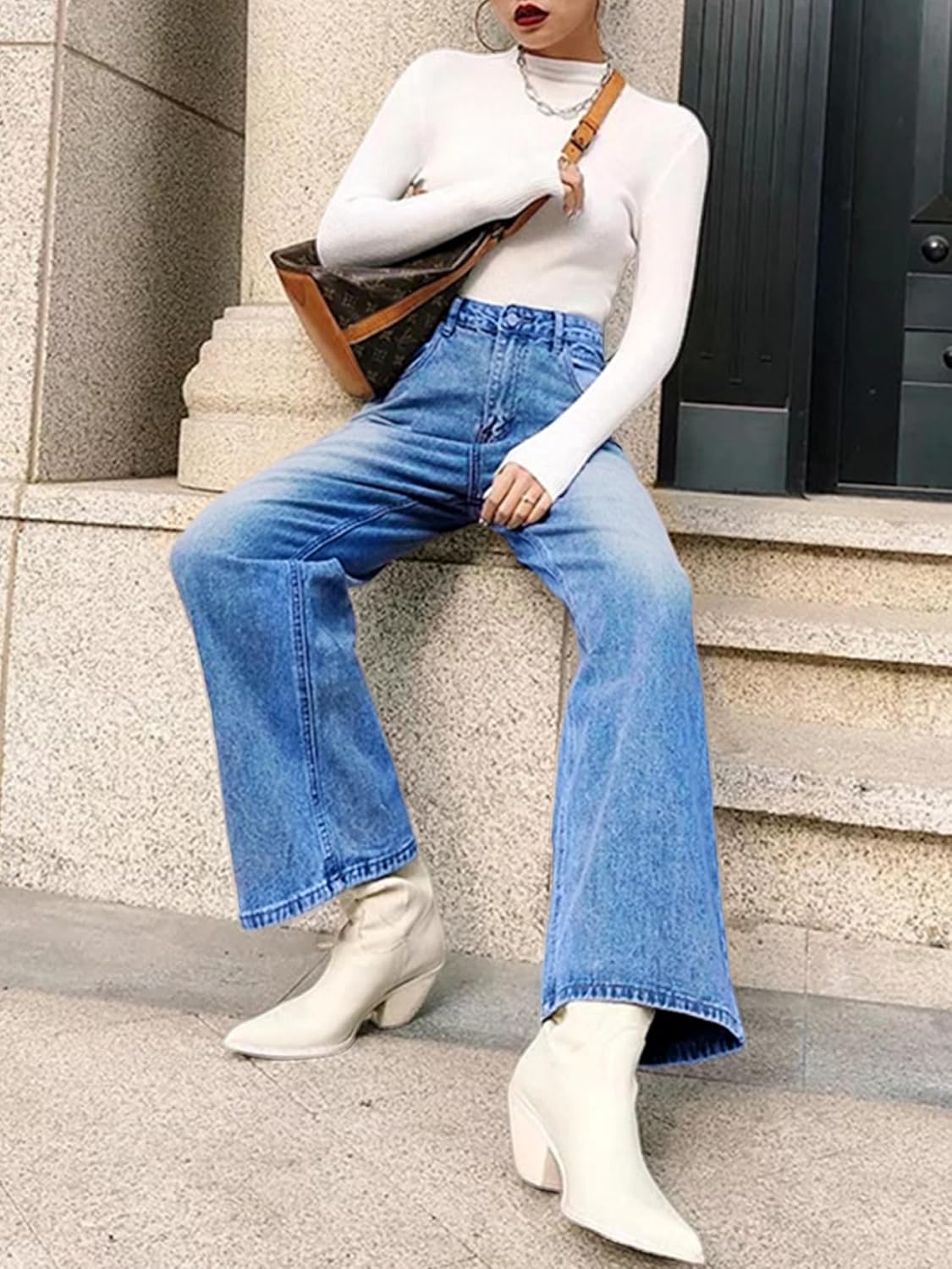HDLTE Pantalones de Mezclilla Rasgados para Mujer, Pantalones de Mezclilla Holgados de Cintura Alta, Pantalones Rectos de Pierna Ancha, Pantalones de Calle Y2k