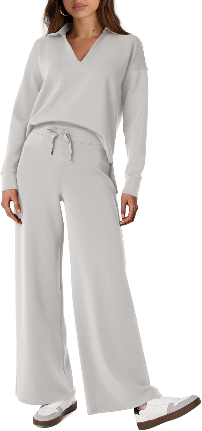 Glamaker - Conjunto de 2 piezas para mujer, estilo casual, manga larga, sudadera tipo polo y pantalones anchos a juego