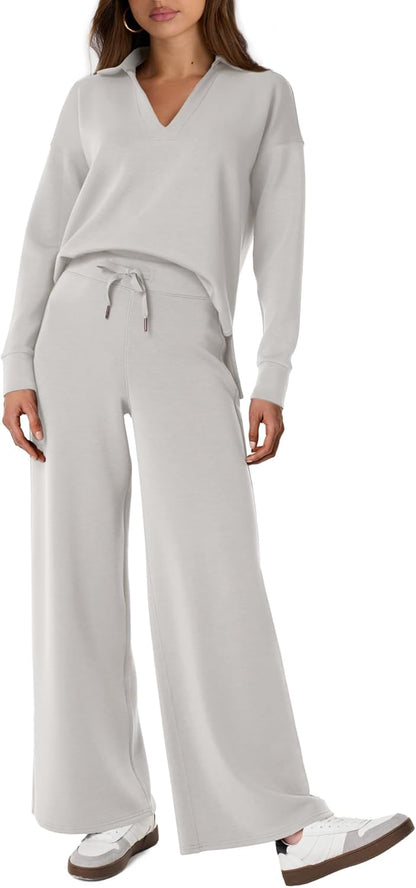 Glamaker - Conjunto de 2 piezas para mujer, estilo casual, manga larga, sudadera tipo polo y pantalones anchos a juego