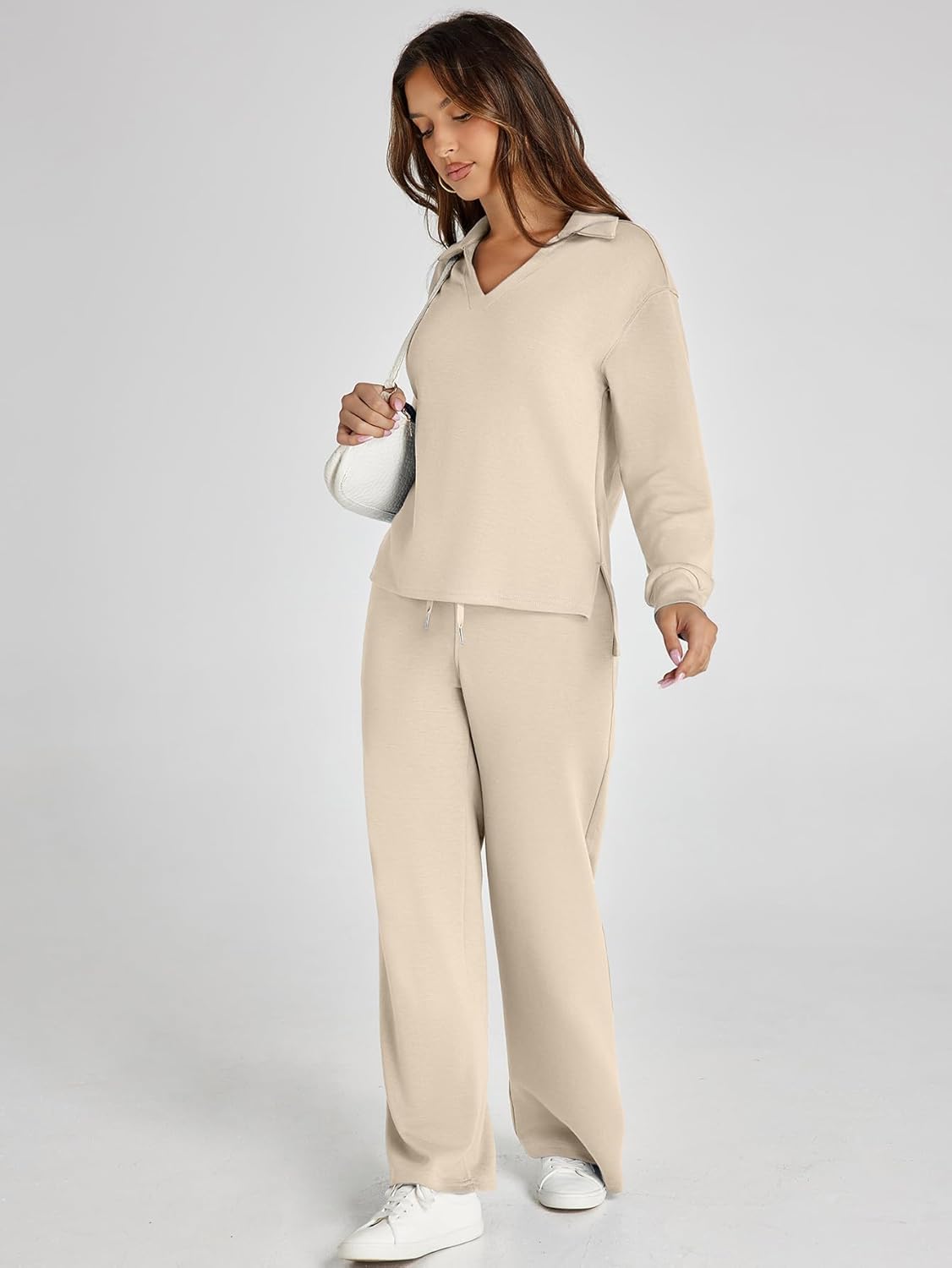 Glamaker - Conjunto de 2 piezas para mujer, estilo casual, manga larga, sudadera tipo polo y pantalones anchos a juego