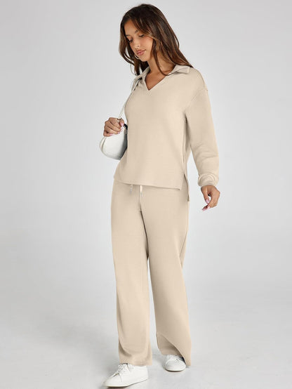 Glamaker - Conjunto de 2 piezas para mujer, estilo casual, manga larga, sudadera tipo polo y pantalones anchos a juego