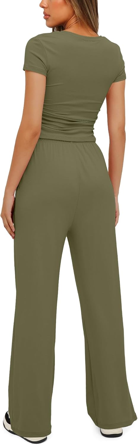 Darong - Conjunto de 2 piezas para mujer, conjuntos de pijama de manga corta fruncida y pantalones de pierna ancha de cintura alta