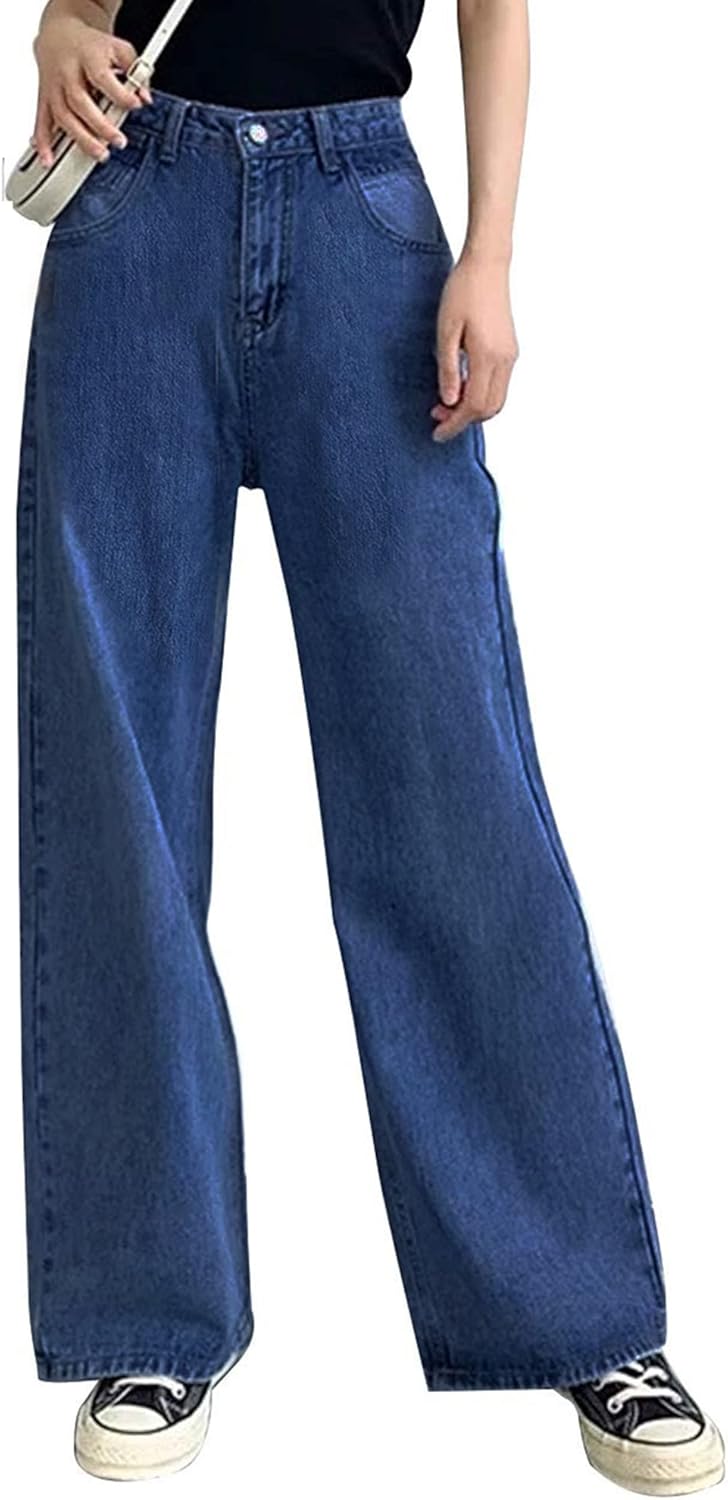 HDLTE Pantalones de Mezclilla Rasgados para Mujer, Pantalones de Mezclilla Holgados de Cintura Alta, Pantalones Rectos de Pierna Ancha, Pantalones de Calle Y2k