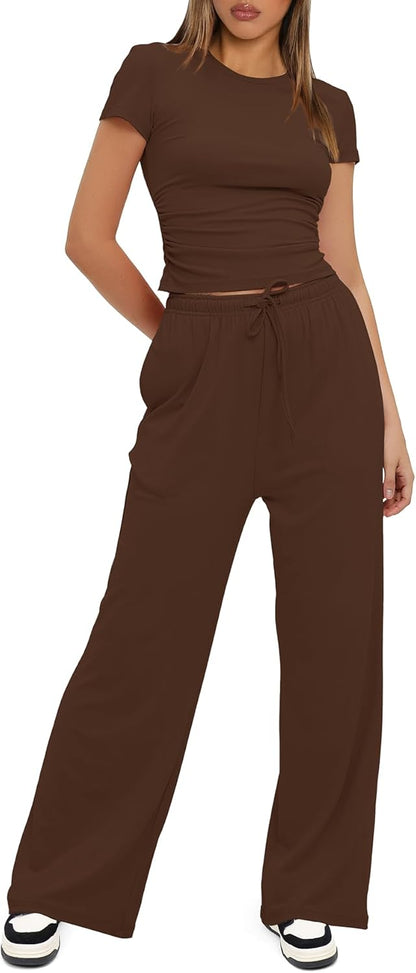 Darong - Conjunto de 2 piezas para mujer, conjuntos de pijama de manga corta fruncida y pantalones de pierna ancha de cintura alta