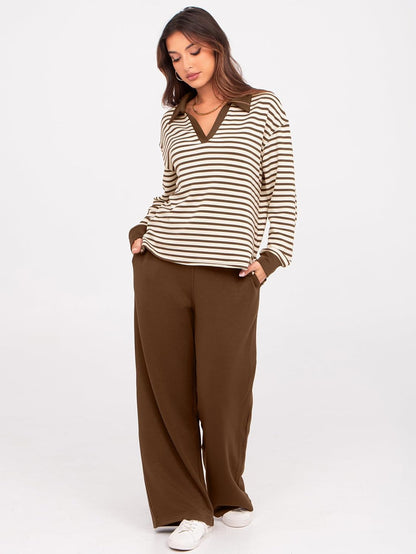 Glamaker - Conjunto de 2 piezas para mujer, estilo casual, manga larga, sudadera tipo polo y pantalones anchos a juego