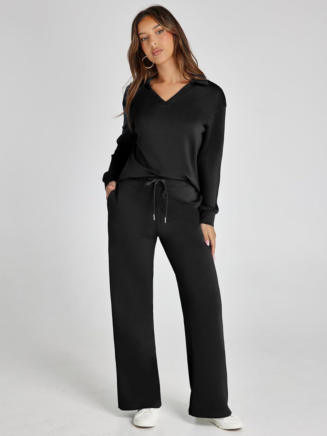 Glamaker - Conjunto de 2 piezas para mujer, estilo casual, manga larga, sudadera tipo polo y pantalones anchos a juego