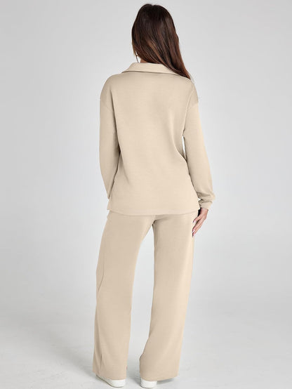 Glamaker - Conjunto de 2 piezas para mujer, estilo casual, manga larga, sudadera tipo polo y pantalones anchos a juego