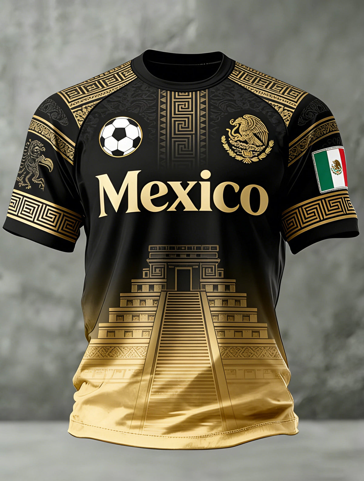 Camiseta con estampado de tótem azteca mexicano y ventilador de fútbol para hombre