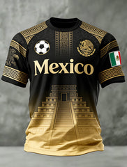 Camiseta con estampado de tótem azteca mexicano y ventilador de fútbol para hombre