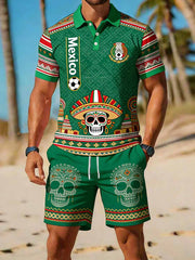 Conjunto de camisa de polo casual con estampado de patrón conmemorativo de la Copa Mundial de México para hombres