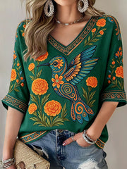 Camiseta de lino con estampado artístico para amantes del deporte, de México, para mujer