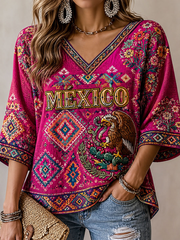 Mujer México orgulloso arte impreso mediados de-longitud mangas V-cuello de la camiseta