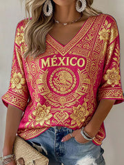Camiseta estampada con diseño artístico de amor por el fútbol mexicano para mujer