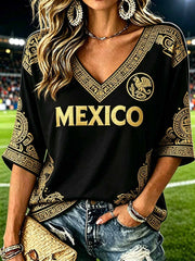 Camiseta estampada de arte tribal mexicano para mujer