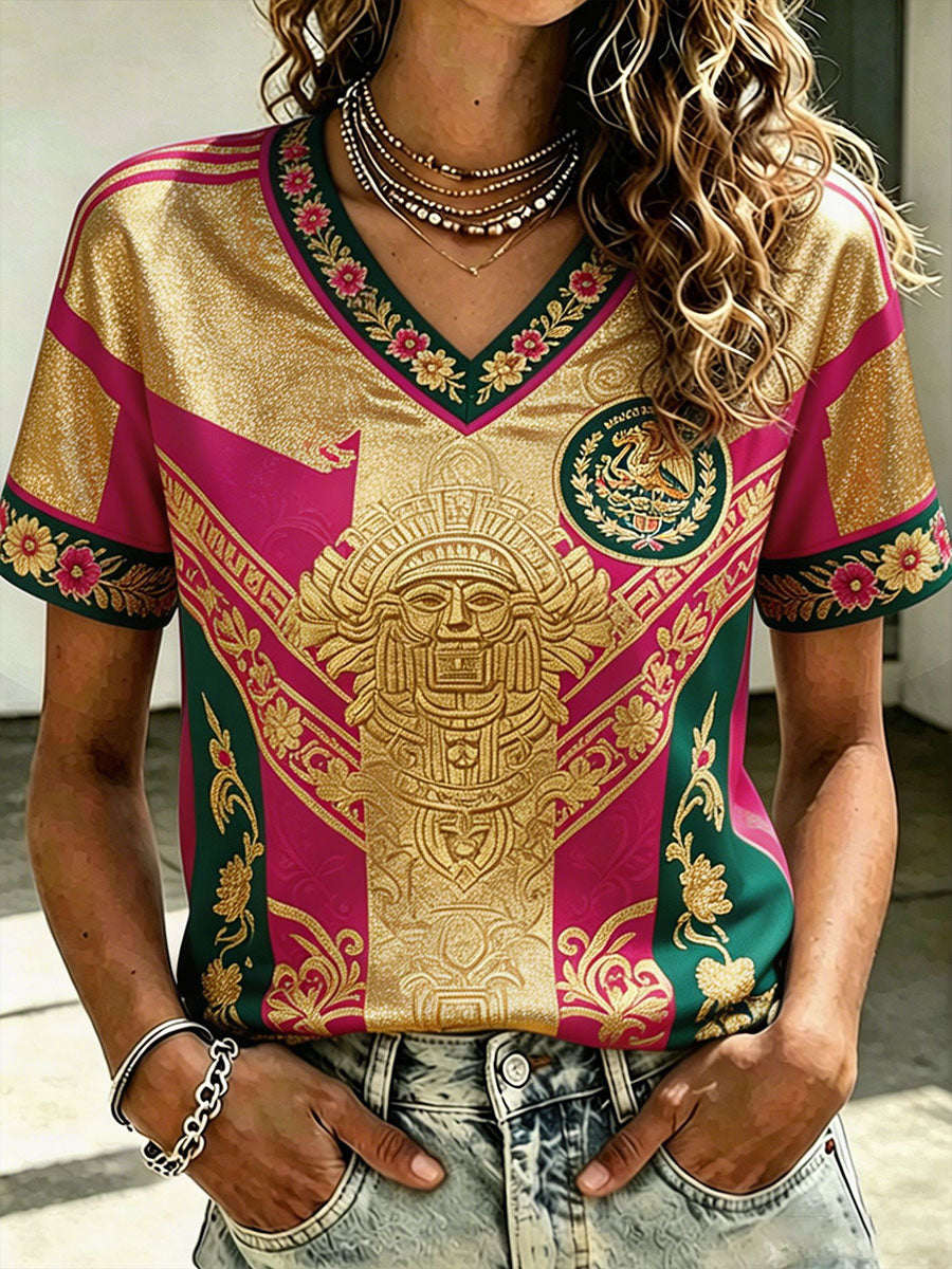 Camiseta estampada con diseño artístico para amantes del fútbol mexicano, para mujer