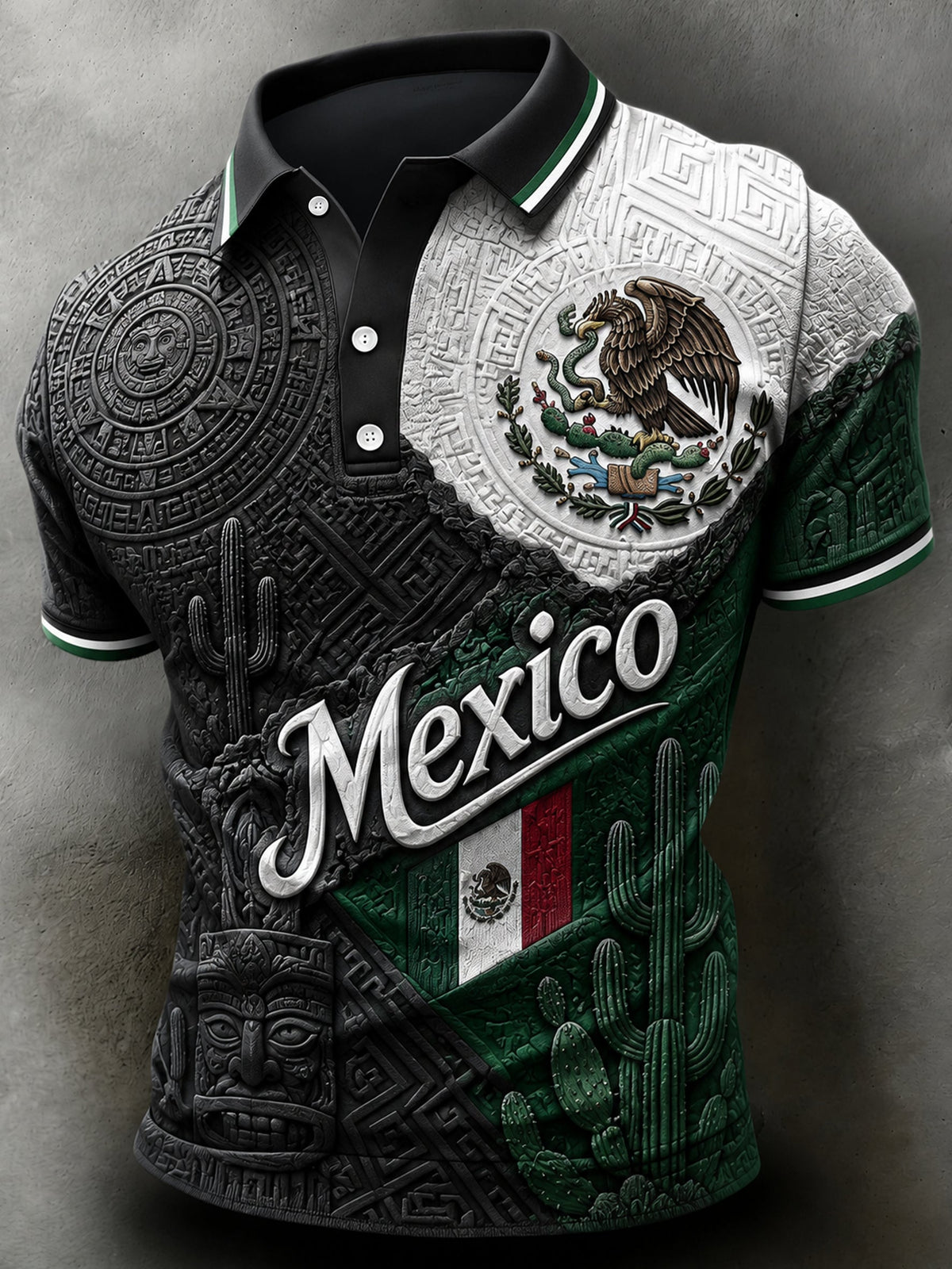 Camisa polo con estampado artístico de abanico para alentar, diseño tradicional mexicano de fútbol y tótem para hombre