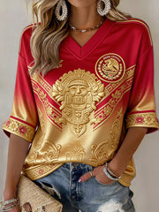 Camiseta con estampado artístico de partido de fútbol femenino mexicano