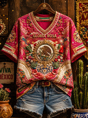 Camiseta de lino estampada con diseño del orgullo mexicano para mujer