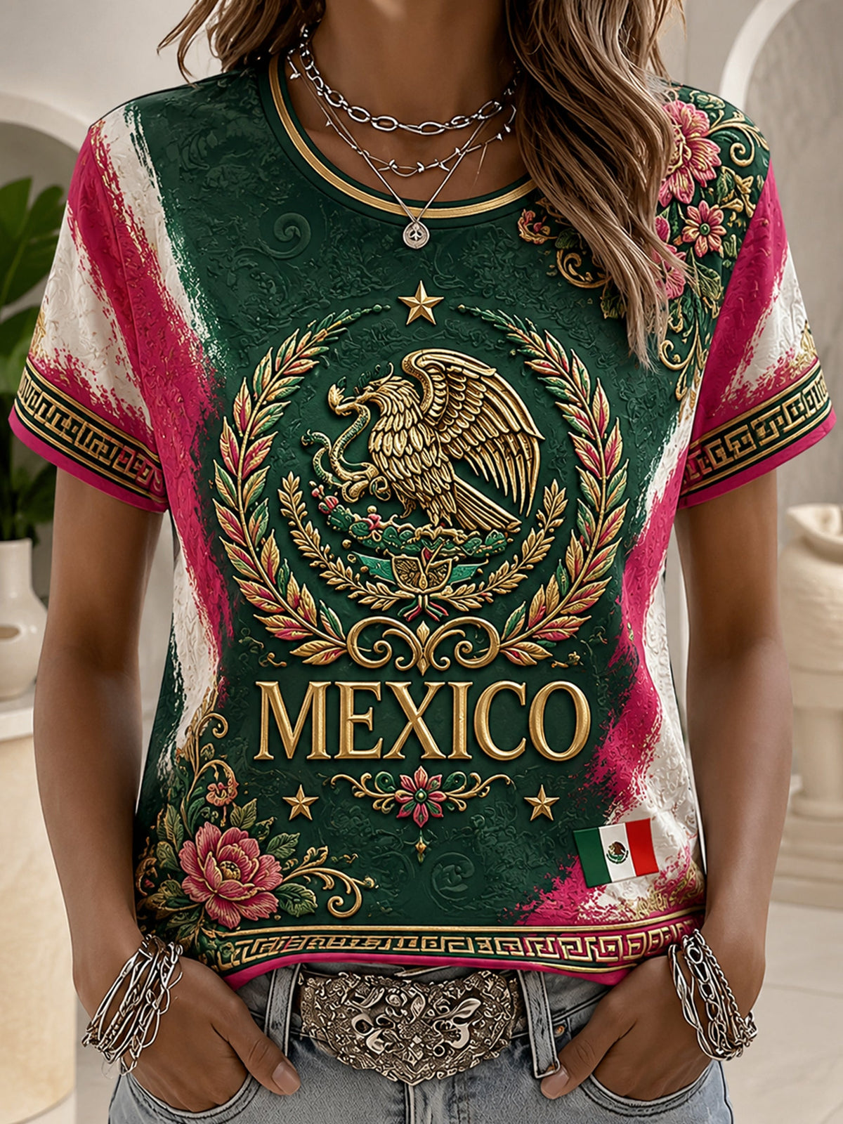 Camiseta con estampado artístico de animación a un partido de fútbol femenino mexicano