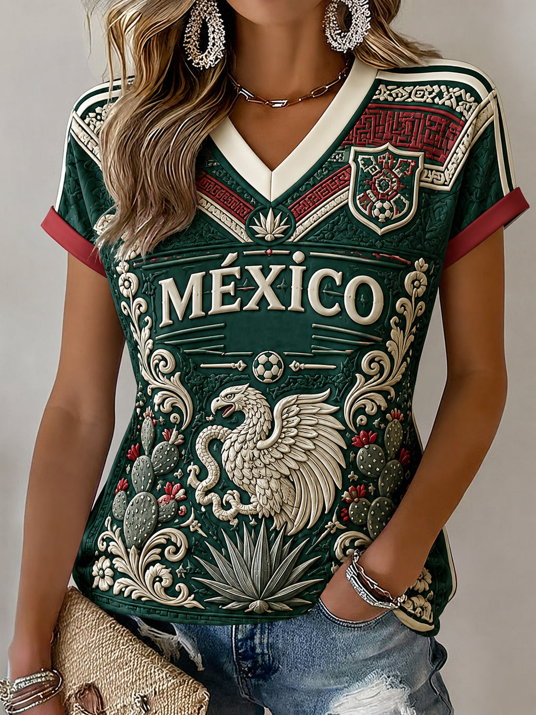 Camiseta estampada casual de fan de fútbol mexicano para mujer