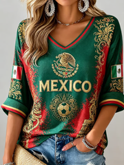 Camiseta de mujer de fútbol de México, estampada, manga media y cuello en V