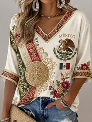 Camiseta de mujer de fútbol de México, estampada, manga media y cuello en V
